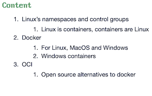 Screenshot of workshop content 'Docker, OCI, Linux container'